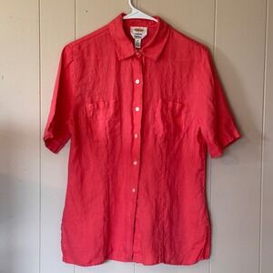 Talbots Irish Linen Short Sleeve Button Down Shirt Coral Pink Womens Size 10